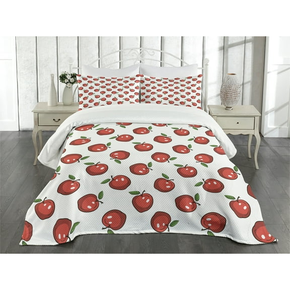 Ambesonne Fruits Quilted Bedspread Set 3 Pcs, Cartoon Apple Fruit Pattern, Queen Size, Dark Coral White Green