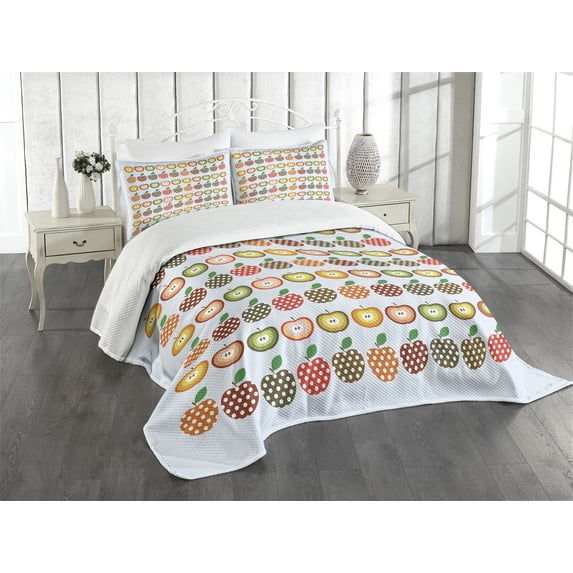 Ambesonne Fruits Quilted Bedspread Set 3 Pcs, Retro Polka Dots Colorful, Queen Size, Multicolor