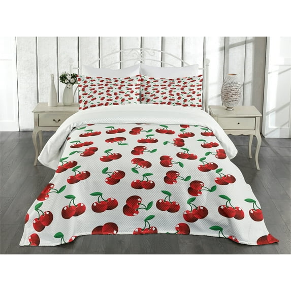 Ambesonne Fruits Quilted Bedspread Set 3 Pcs, Vibrant Cherries Summer, King Size, Hunter Green Coconut