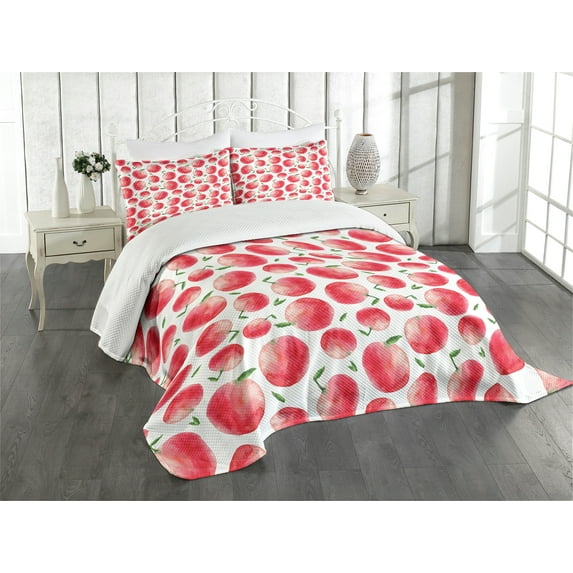 Ambesonne Fruits Quilted Bedspread Set 3 Pcs, Watercolor Art Harvest, King Size, Dark Coral Green White