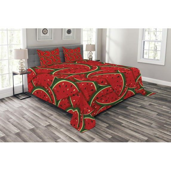 Ambesonne Fruits Quilted Bedspread Set 3 Pcs, Yummy Watermelon Slice Print, King Size, Hunter Green Red