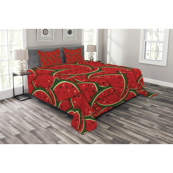 Ambesonne Fruits Quilted Bedspread Set 3 Pcs, Yummy Watermelon Slice Print, Queen Size, Hunter Green Red