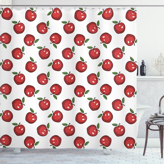 Ambesonne Fruits Shower Curtain, Cartoon Apple Fruit Pattern, 69"Wx70"L, Dark Coral White Green