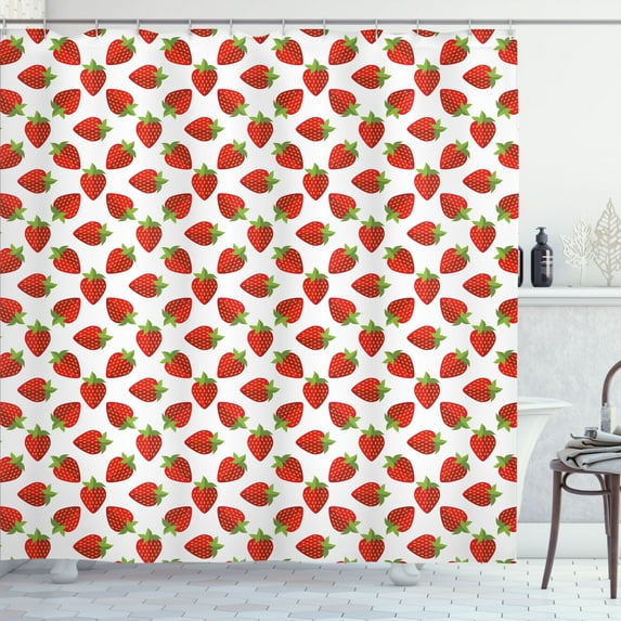 Ambesonne Fruits Shower Curtain, Summer Strawberries Cartoon, 69"Wx84"L, Fern Green Vermilion