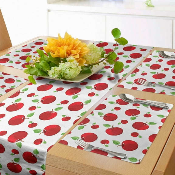 Ambesonne Fruits Table Runner & Placemats, Cartoon Pattern Red Apples, Placemat 4 pcs + Runner 12"x72", White Green and Dark Pink