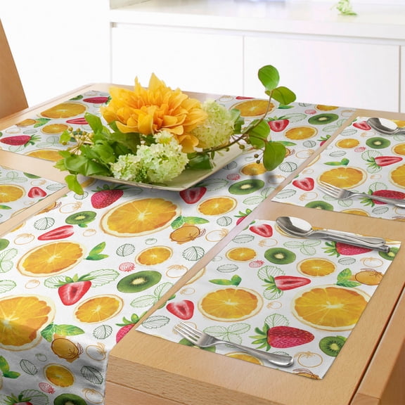 Ambesonne Fruits Table Runner & Placemats, Fresh Citrus Kiwi Lemon, Placemat 4 pcs + Runner 16"x72", Earth Yellow Lime Green
