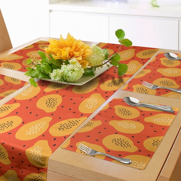 Ambesonne Fruits Table Runner & Placemats, Papaya Exotic Food Pattern, Placemat 4 pcs + Runner 14"x72", Vermilion and Pale Orange