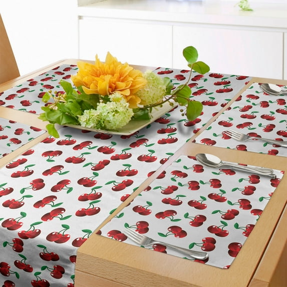 Ambesonne Fruits Table Runner & Placemats, Vibrant Cherries Summer, Placemat 4 pcs + Runner 16"x72", Hunter Green Coconut