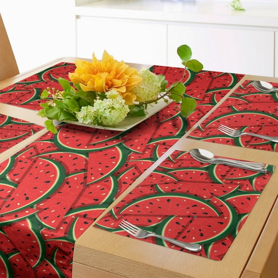 Ambesonne Fruits Table Runner & Placemats, Yummy Watermelon Slices, Placemat 4 pcs + Runner 12"x72", Red Hunter Green
