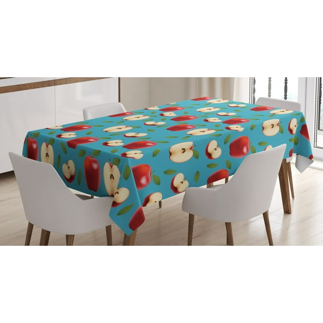 Ambesonne Fruits Tablecloth Rectangular Table Cover, Red Delicious Apples Motif, 60"x84", Cream Blue and Ruby