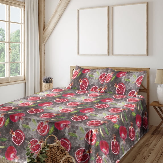 Ambesonne Fruits Themed Fitted & Flat Sheet with Sham 3 Pcs Set, Grunge Pomegranate, Twin XL, Dark Pink Pale Grey