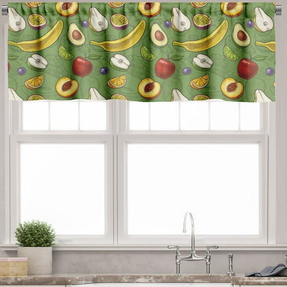 Ambesonne Fruits Valance Pack of 2, Avocado Apples Banana Lime, 54"X18", Green Multicolor