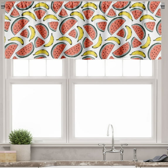 Ambesonne Fruits Valance Pack of 2, Watermelon Slices Bananas, 54"X18", Coral White Yellow