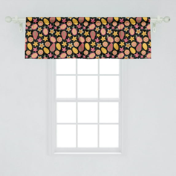 Ambesonne Fruits Window Valance, Image of Colorful Tropical Fruits and Flowers on Squared Background, Curtain Valance for Kitchen Bedroom Decor with Rod Pocket, 54" X 18", Charcoal Grey Multicolor