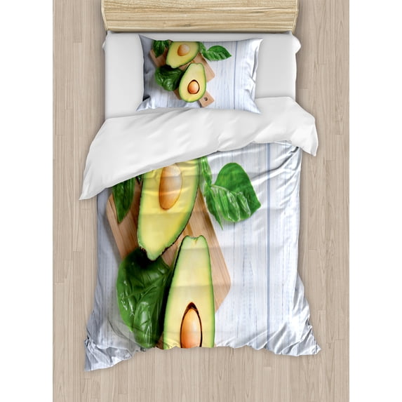 Ambesonne Fruits and Vegetables Duvet Cover Sets, Avocado Slice, 2-Twin, Green Ceil Blue and Yellow