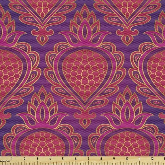 Ambesonne Fuchsia Fabric by the Yard Upholstery, Oriental Fruit, 10 Yards, Purple and Dark Pink