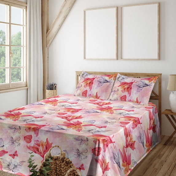 Ambesonne Fuchsia Fitted & Flat Sheet with Shams 4 Pcs Set, Neutral Colors Flower Art, Queen, Dark Coral Pale Pink