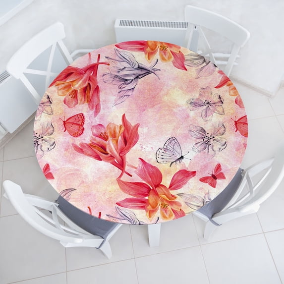Ambesonne Fuchsia Fitted Round Tablecloth, Neutral Colors Flower Art, 40"- 44" Diameter, Dark Coral Pale Pink