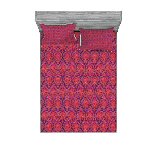 Ambesonne Fuchsia Fitted Sheet & Pillow Sham Set, Oriental Fruit, Queen, Purple and Dark Pink