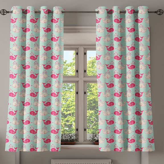 Ambesonne Fun Grommet Curtain, Happy Whales Pattern, 50" x 54", Mint Peach Pink