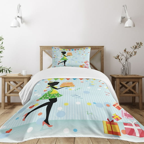Ambesonne Fun Quilted Bedspread Set 2 Pcs, Mother with Cake Cartoon, Twin Size, Multicolor