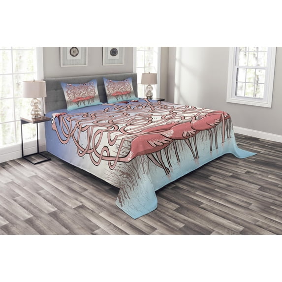 Ambesonne Fun Quilted Bedspread Set 3 Pcs, Flamingos Maze Game Joy, King Size, Violet Blue Pale Blue