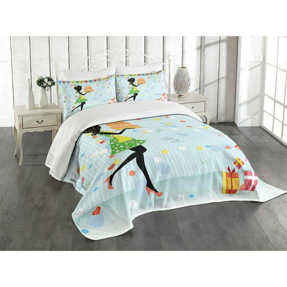 Ambesonne Fun Quilted Bedspread Set 3 Pcs, Mother with Cake Cartoon, King Size, Multicolor