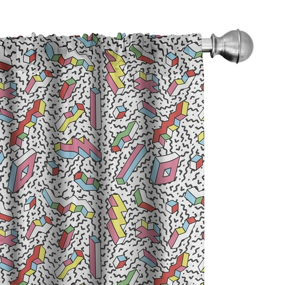 Ambesonne Funky Curtains, Memphis 90s 3D Shapes, Pair of 28"x84", Multicolor