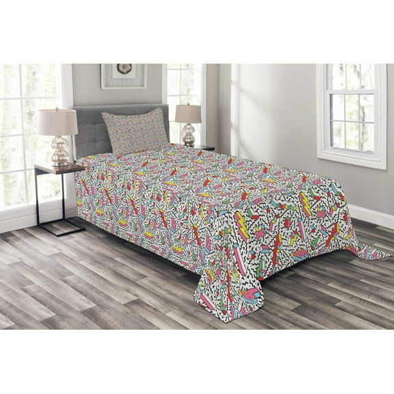 Ambesonne Funky Quilted Bedspread Set 2 Pcs, Memphis 90s 3D Shapes, Twin Size, Multicolor