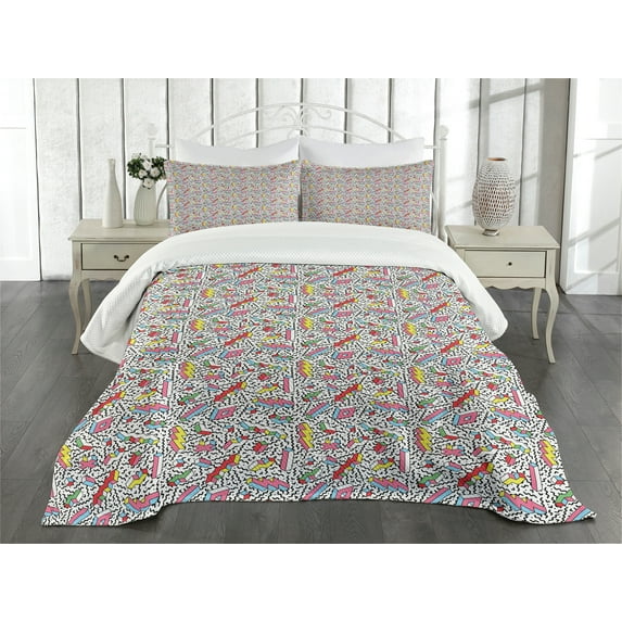 Ambesonne Funky Quilted Bedspread Set 3 Pcs, Memphis 90s 3D Shapes, King Size, Multicolor