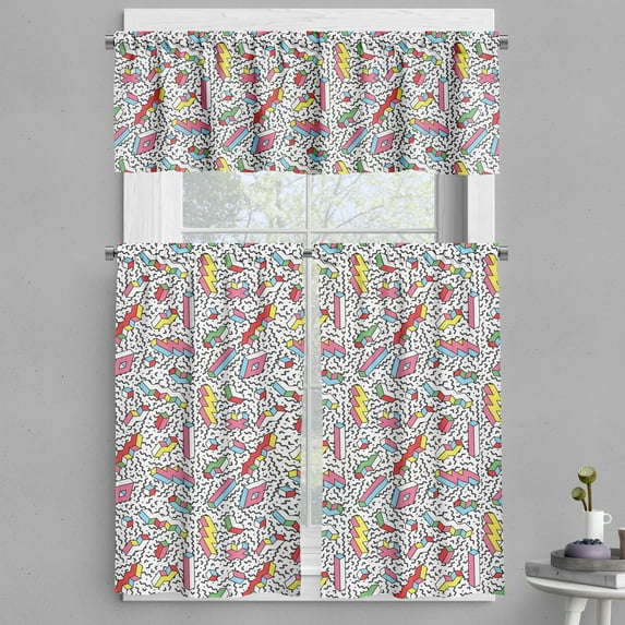 Ambesonne Funky Valance & Curtain, Memphis 90s 3D Shapes, 55"x45", Multicolor