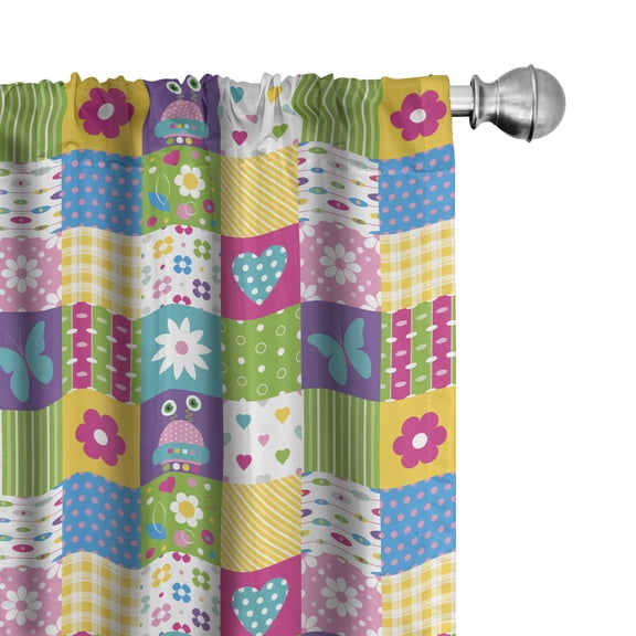 Ambesonne Funny Window Curtains, Stripes Flowers Hearts Dots, Each 28" W x 63" L, Orange and Lime Green