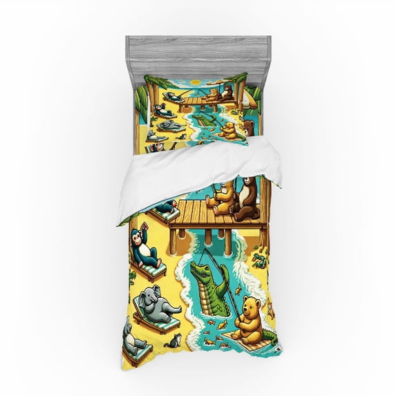 Ambesonne Funny Animals Bedding Set 3 Pcs, Happy Leisure Day, TwinXL, Yellow Aqua Green