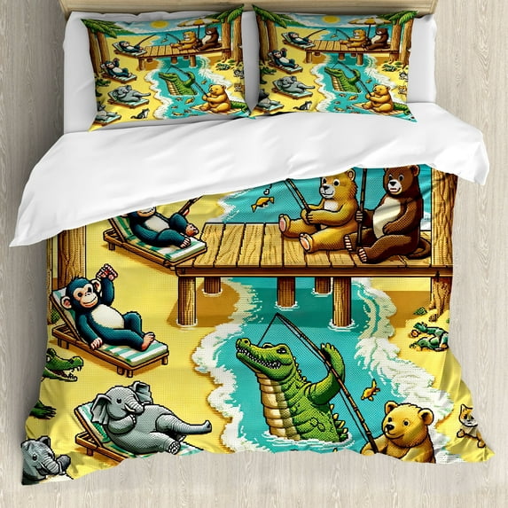 Ambesonne Funny Animals Duvet Cover Set, Happy Leisure Day, Calking, Yellow Aqua Green