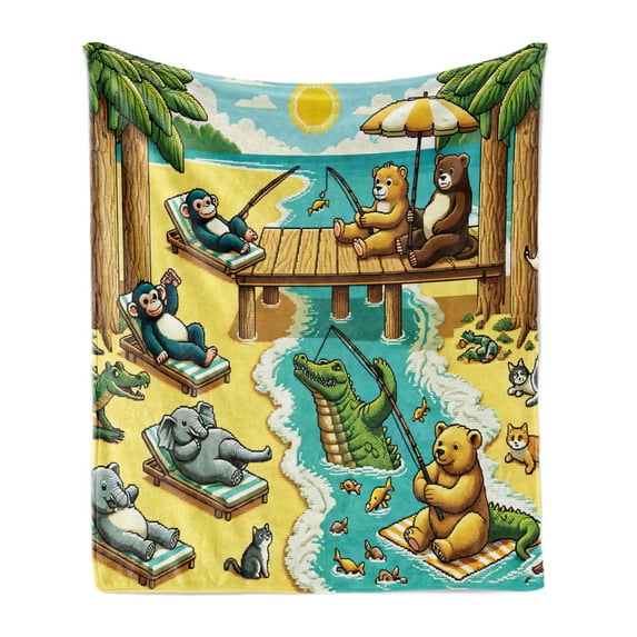 Ambesonne Funny Animals Fleece Throw Blanket Happy Leisure Day 60"x80" Yellow Aqua Green