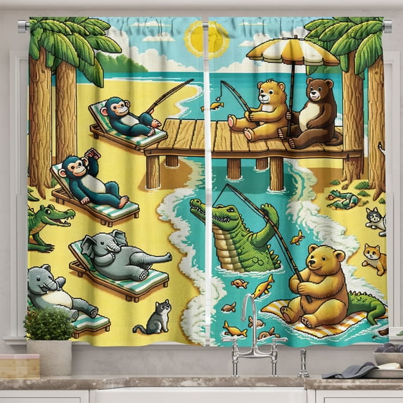 Ambesonne Funny Animals Kitchen Curtains, Happy Leisure Day, 55"x39", Yellow Aqua Green