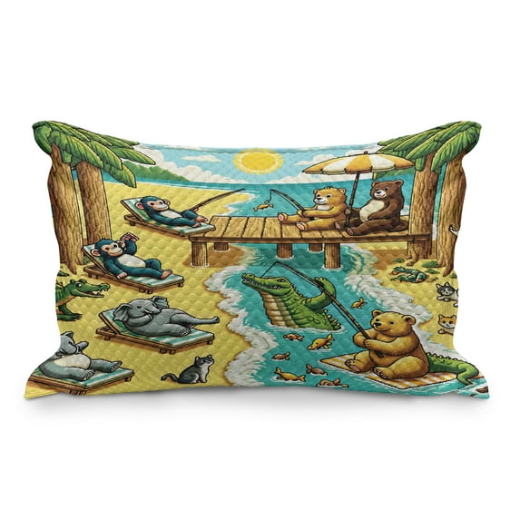 Ambesonne Funny Animals Quilted Pillowcover, Happy Leisure Day, 36" x 20", Yellow Aqua Green