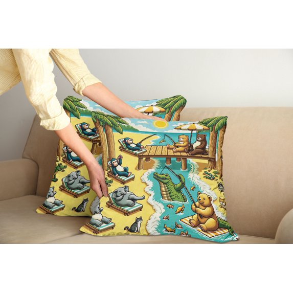 Ambesonne Funny Animals Throw Pillow Cover Pack of 2, Happy Leisure Day, 2 Pcs-20"x20", Yellow Aqua Green