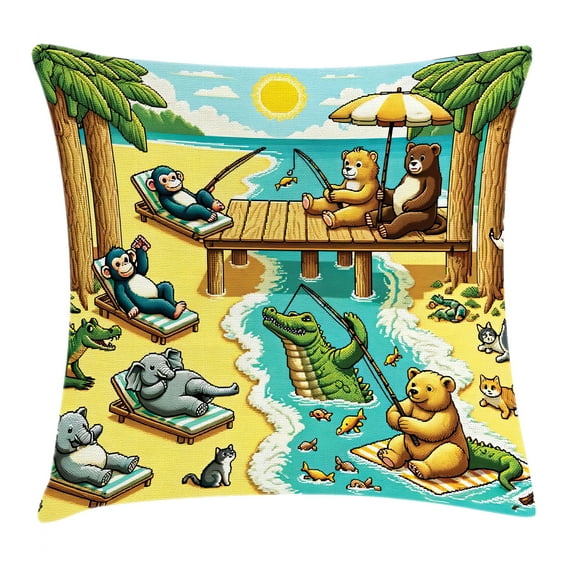 Ambesonne Funny Animals Throw Pillow Cushion Cover, Happy Leisure Day, 40" X 40", Yellow Aqua Green