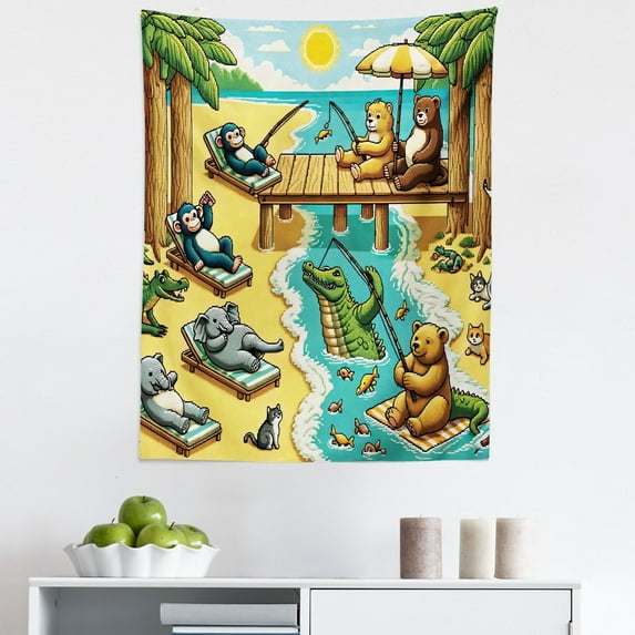 Ambesonne Funny Animals Wall Hanging Tapestry, Happy Leisure Day, 23"x28", Yellow Aqua Green