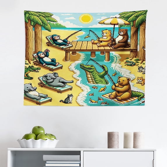 Ambesonne Funny Animals Wall Hanging Tapestry, Happy Leisure Day, 28"x23", Yellow Aqua Green