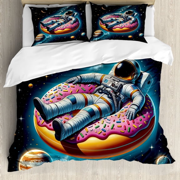 Ambesonne Funny Astronaut Duvet Cover Set, Spaceman on Donut, Calking, Petrol Blue Pink Orange