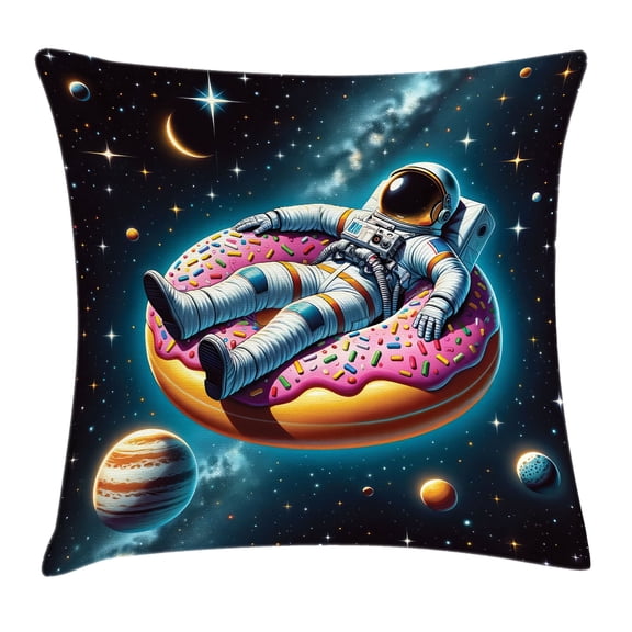 Ambesonne Funny Astronaut Throw Pillow Cushion Cover, Spaceman on Donut, 18" X 18", Petrol Blue Pink Orange
