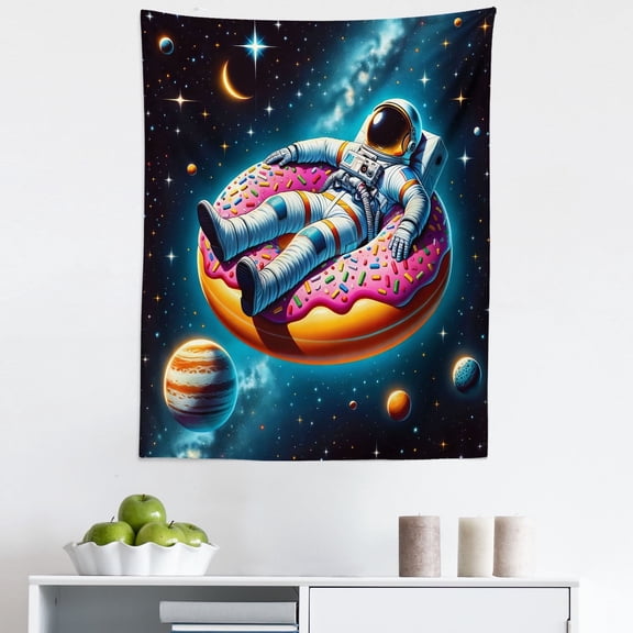 Ambesonne Funny Astronaut Wall Hanging Tapestry, Spaceman on Donut, 23"x28", Petrol Blue Pink Orange