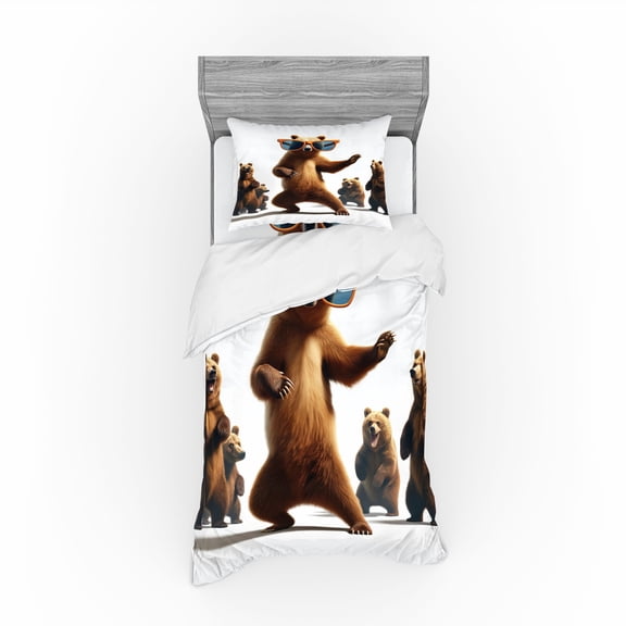 Ambesonne Funny Bear Bedding Set 3 Pcs, Dancing Huge Glasses, TwinXL, Chocolate White