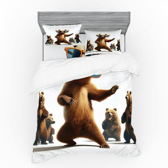 Ambesonne Funny Bear Bedding Set 4 Pcs, Dancing Huge Glasses, King, Chocolate White