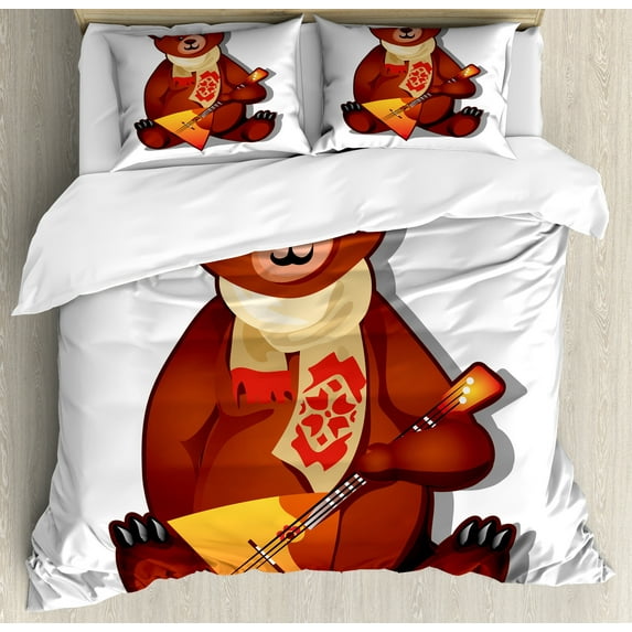 Ambesonne Funny Bear Duvet Cover Set, Balalaika Ethnic Scarf, 2-Calking, Cinnamon Multicolor