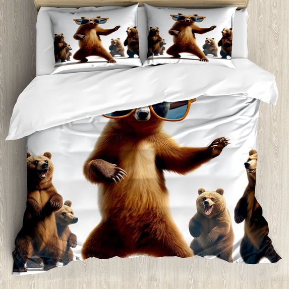 Ambesonne Funny Bear Duvet Cover Set, Dancing Huge Glasses, Queen, Chocolate White