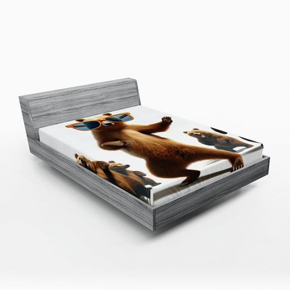 Ambesonne Funny Bear Fitted Sheet, Dancing Huge Glasses, Full Size, Chocolate White