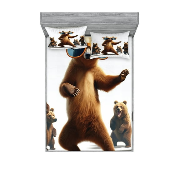 Ambesonne Funny Bear Fitted Sheet & Pillow Sham Set, Dancing Huge Glasses, Full, Chocolate White
